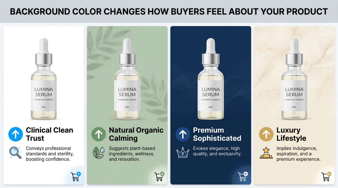 Color psychology comparison showing the same skincare serum product on four different backgrounds signaling different brand positioning
