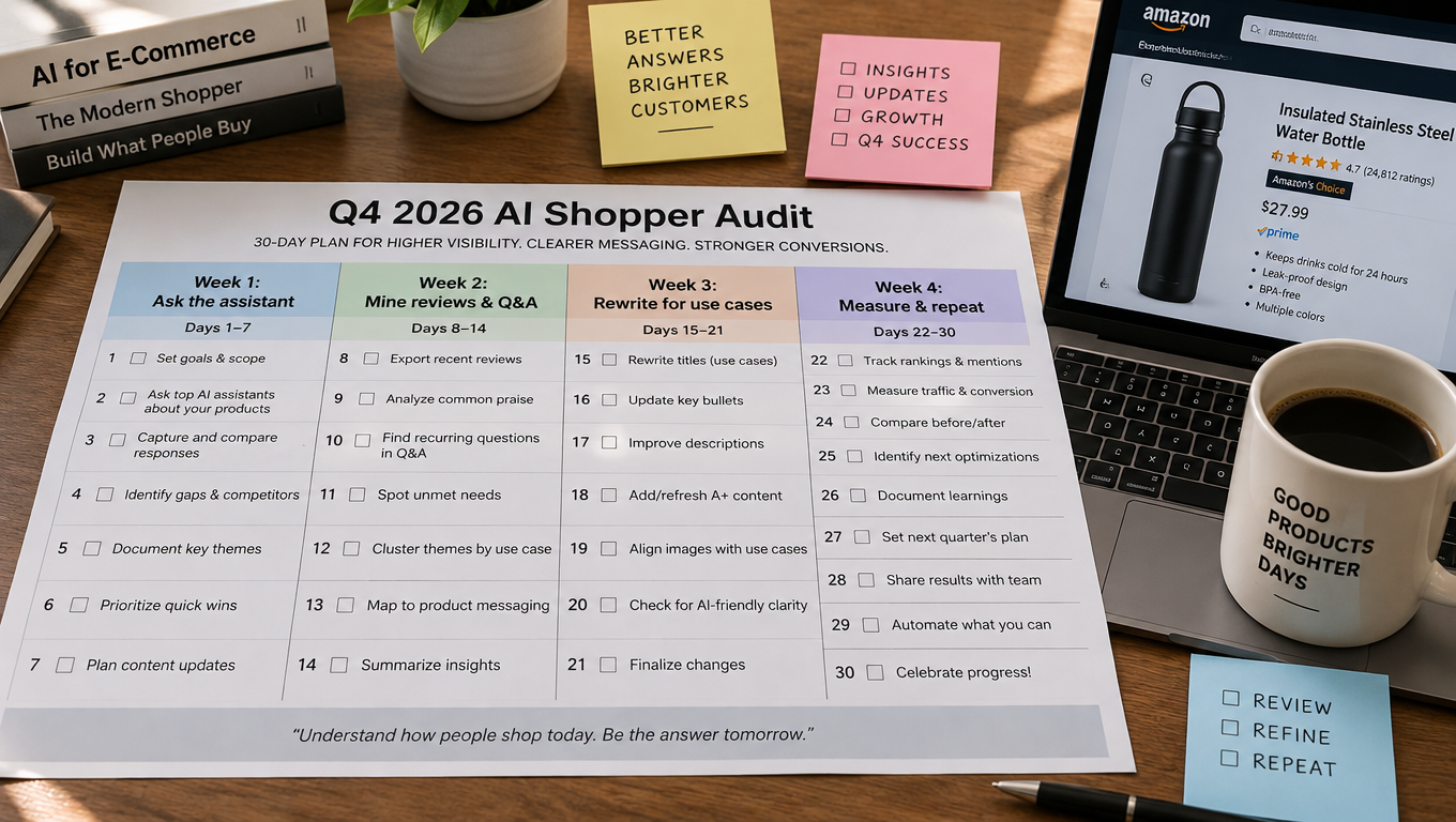 30-day planner titled Q4 2026 AI Shopper Audit with weekly tasks for asking the assistant, mining reviews, rewriting listings, and measuring