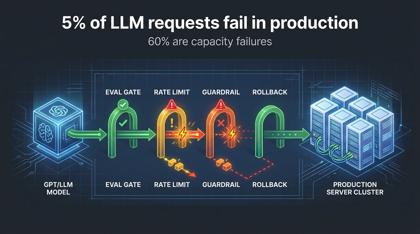 LLM production pipeline diagram showing eval gates, rate limits, guardrails and rollback controls with failure warning indicators