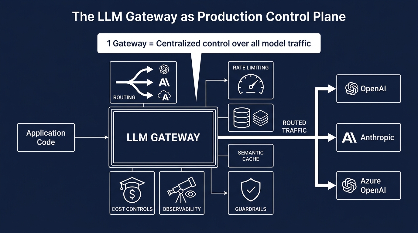 Architecture diagram of an LLM Gateway as production control plane, showing routing, rate limiting, semantic cache, guardrails, observability, and cost controls feeding multiple provider endpoints