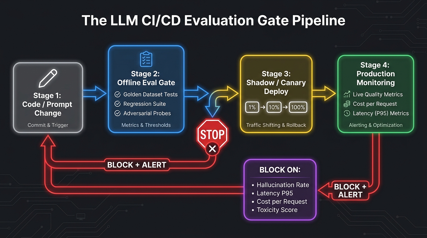 CI/CD pipeline flowchart showing LLM evaluation gates from code change through offline eval, shadow canary deployment, to production monitoring with failure paths looping back