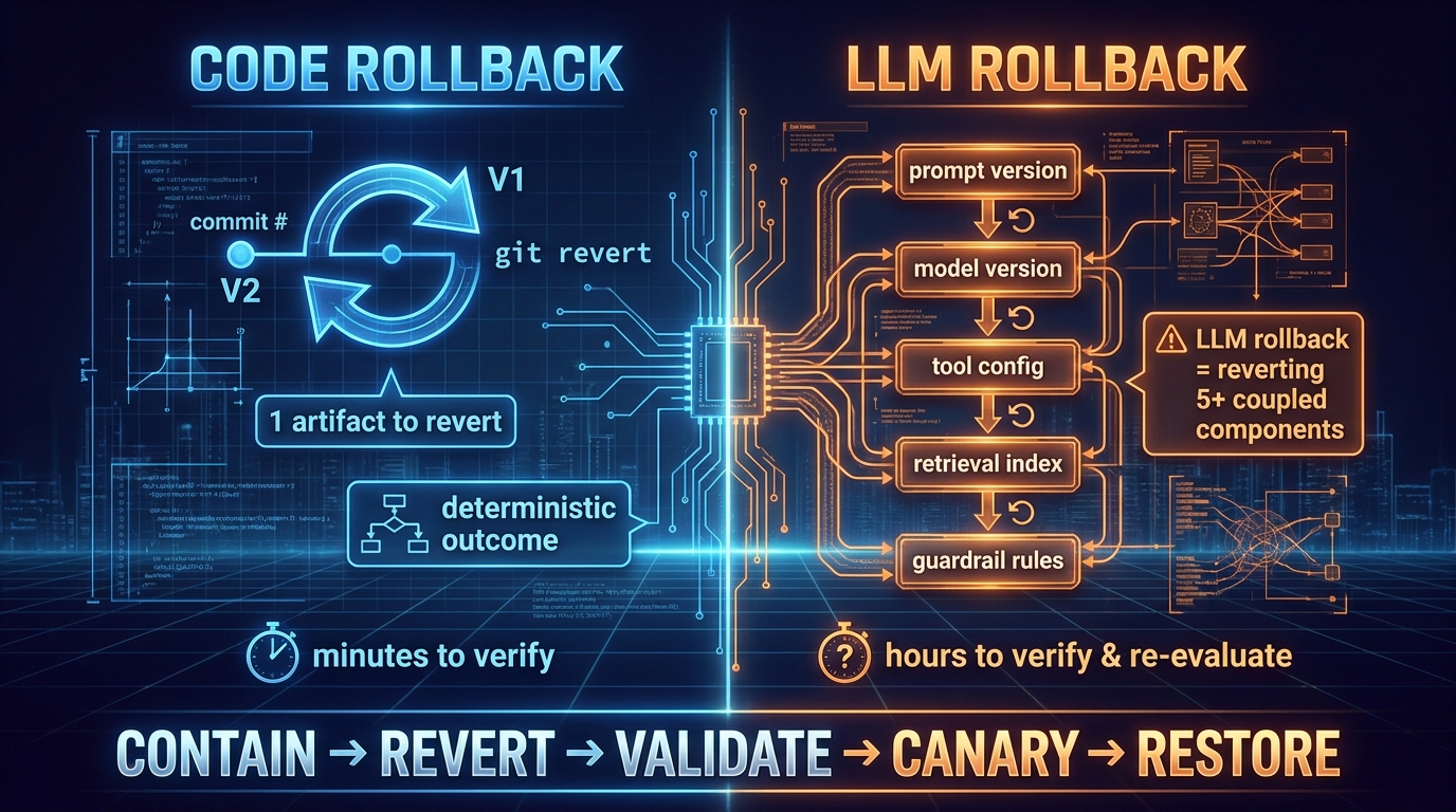 Split-screen comparing LLM rollback complexity with five coupled components versus simple code rollback with one artifact to revert