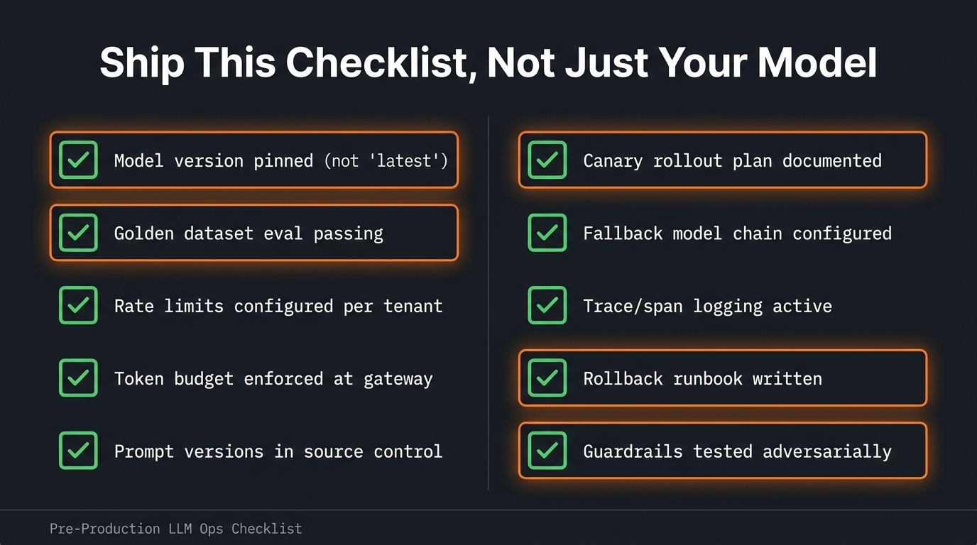 Pre-production LLM ops checklist showing 10 items including model version pinned, golden dataset eval passing, rate limits configured, and rollback runbook written