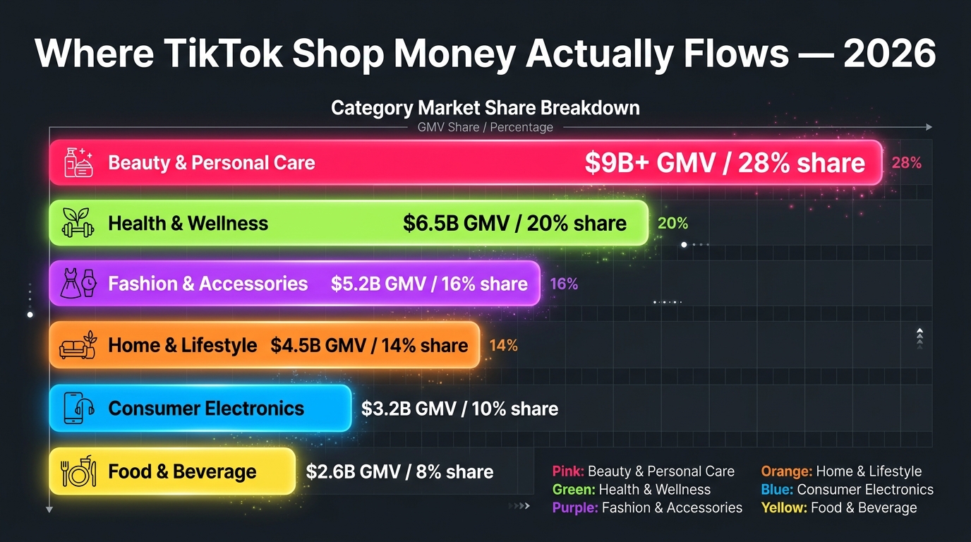 TikTok Shop 2026 category GMV breakdown — where the money flows across beauty, health, fashion, home, and electronics