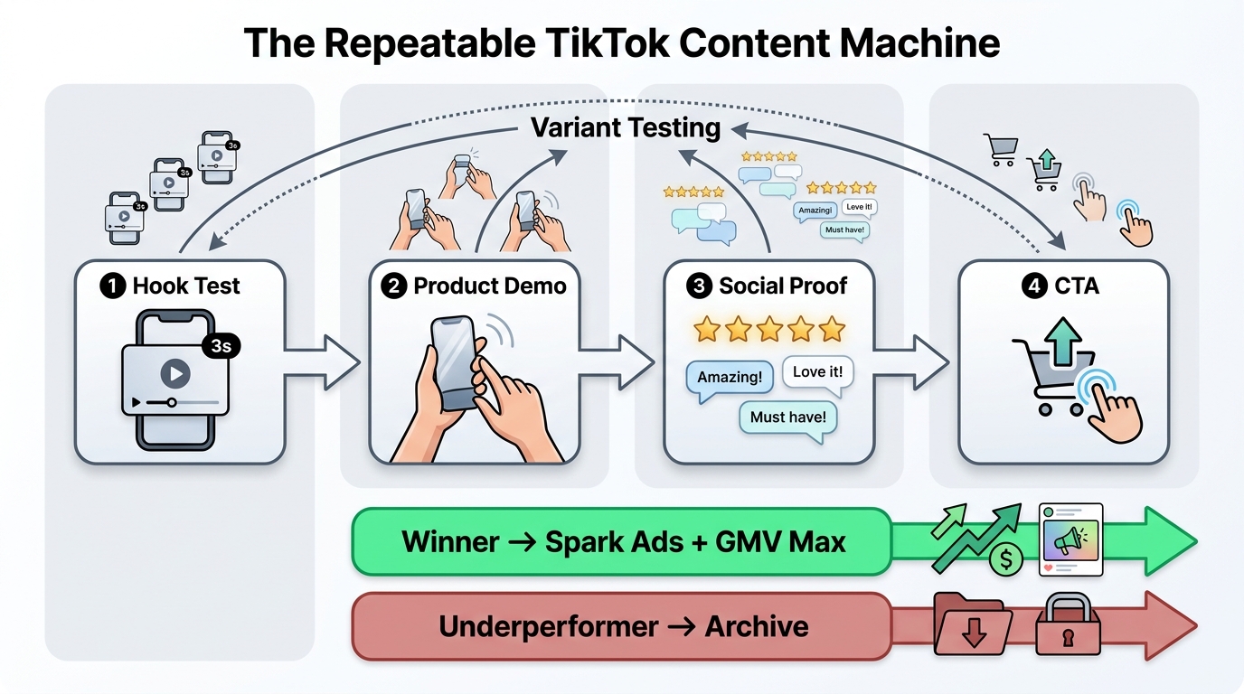 The repeatable TikTok Shop content production machine — hook testing, demo, proof, CTA, and winner amplification workflow