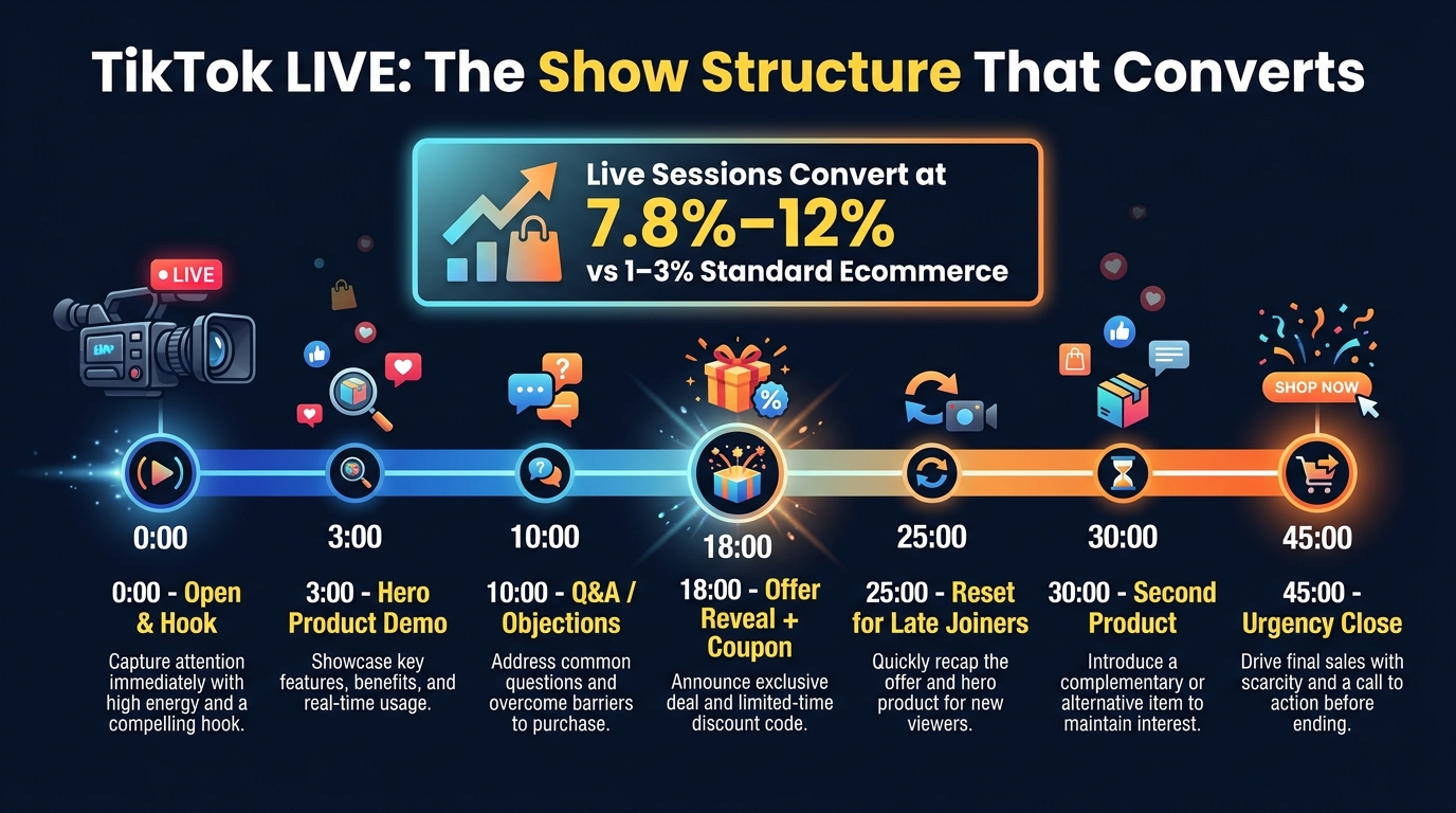 TikTok LIVE shopping show run-of-show timeline — structure that drives 7.8% to 12% conversion rates