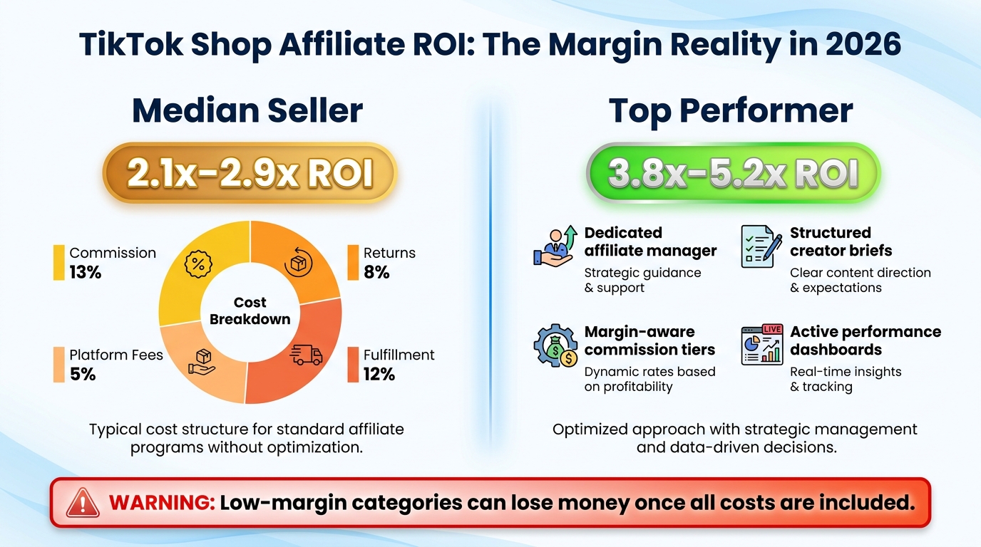 TikTok Shop affiliate program ROI comparison — median sellers at 2.1x–2.9x vs top performers at 3.8x–5.2x