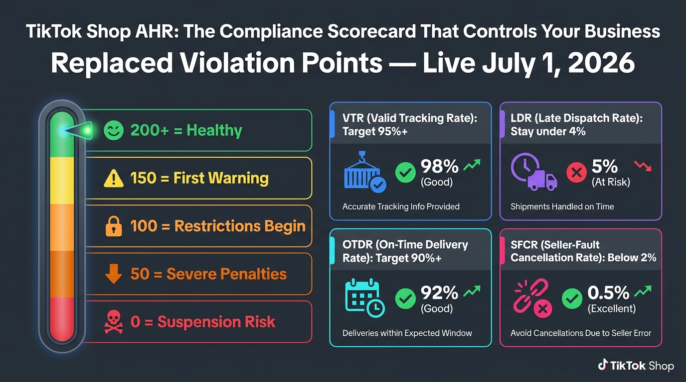 TikTok Shop Account Health Rating (AHR) system — compliance scorecard with VTR, LDR, OTDR, and SFCR thresholds