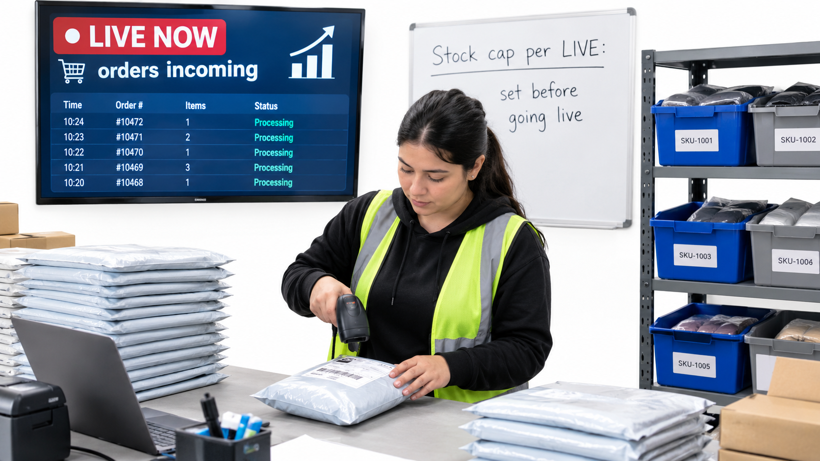 Warehouse packing station during a TikTok Shop LIVE sales spike with a monitor showing orders incoming and a whiteboard reminding staff to set stock caps before going live