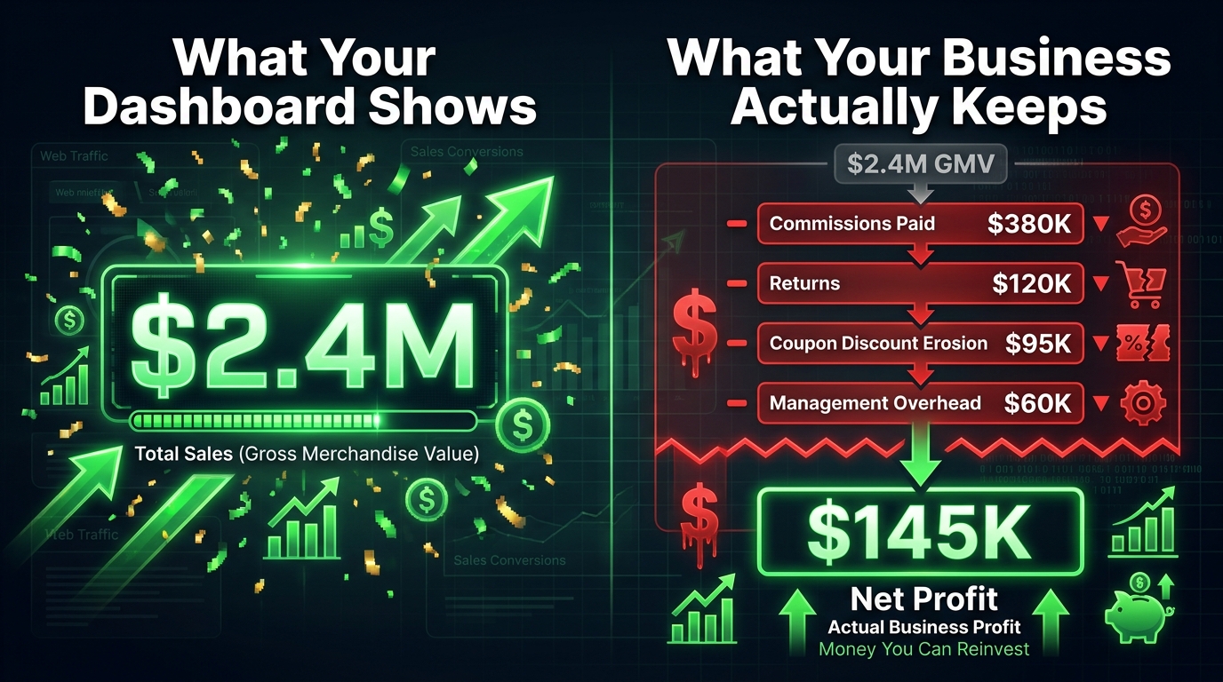 Split infographic showing GMV of $2.4M on one side versus actual net profit of $145K after affiliate costs on the other — illustrating the profit gap in affiliate marketing