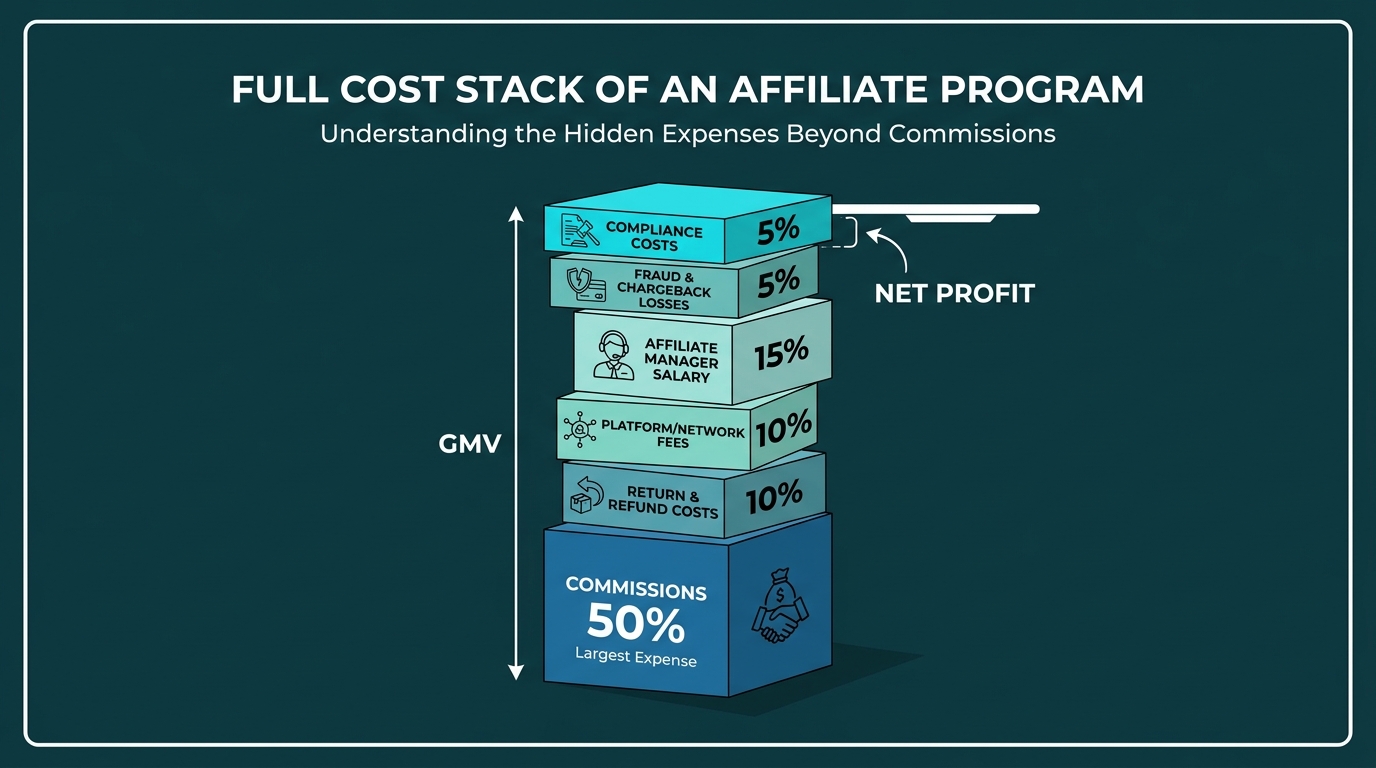 Stacked block diagram showing all the cost layers hidden beneath a GMV figure — commissions, returns, platform fees, fraud, management overhead — with net profit as a tiny sliver at the top