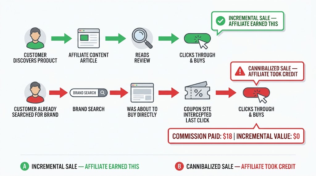 Diagram showing two customer paths to a sale — one genuinely influenced by an affiliate (incremental) versus one where the affiliate intercepted an existing brand-intent buyer at the last click (cannibalized)