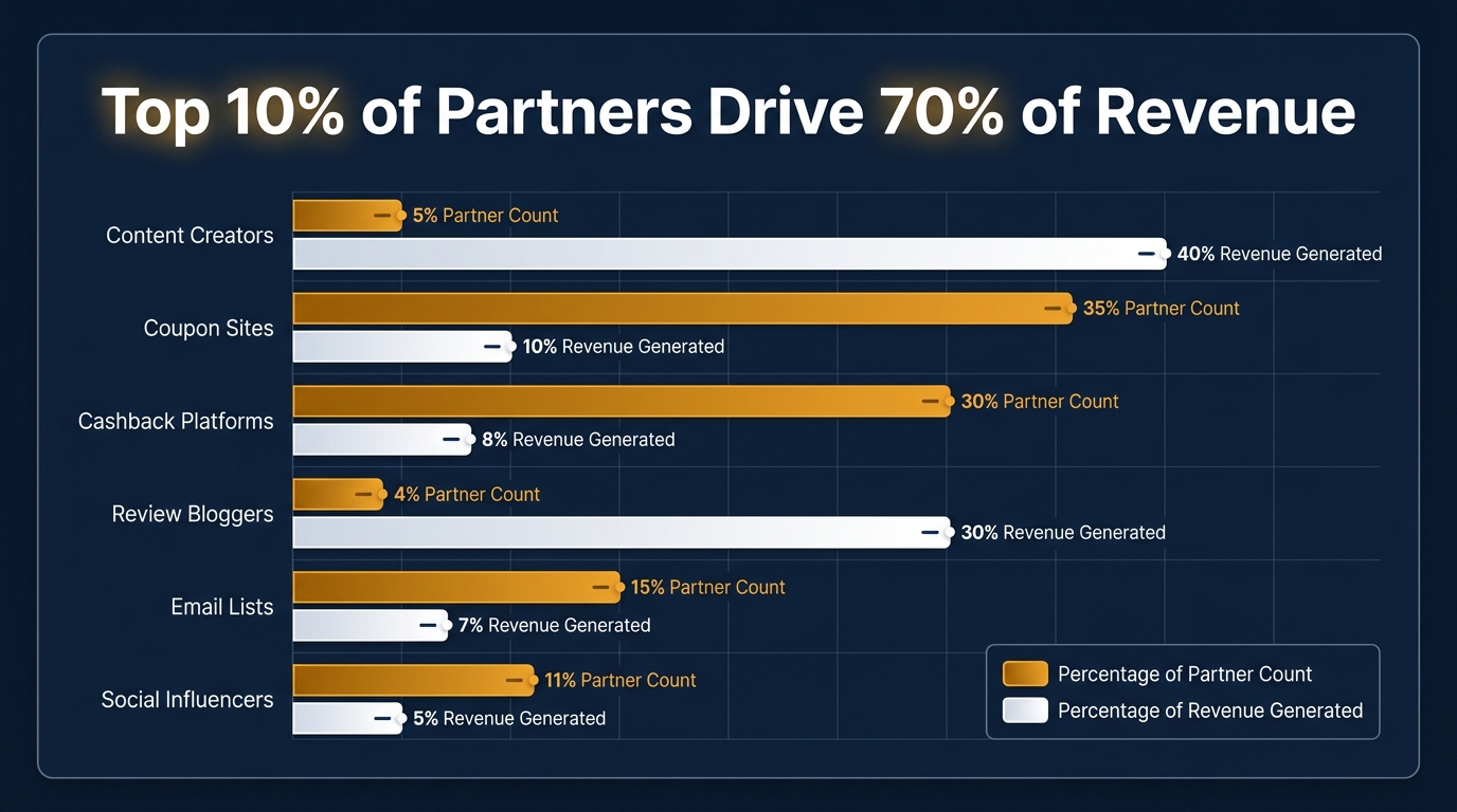 Bar chart comparing affiliate partner types by partner count versus revenue contribution — showing content creators and review sites generating disproportionate revenue with fewer partners, while coupon and cashback sites have many partners but thin revenue contribution