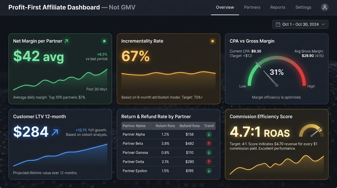 Profit-first affiliate analytics dashboard showing net margin per partner, incrementality rate, CPA vs gross margin gauge, customer LTV, return rate by partner, and commission efficiency score