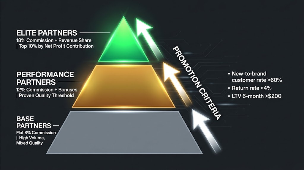 Three-tier affiliate commission pyramid showing base partners at flat 8%, performance partners at 12% plus bonuses, and elite partners at 18% plus revenue share — with promotion criteria including new-to-brand rate, return rate, and LTV thresholds