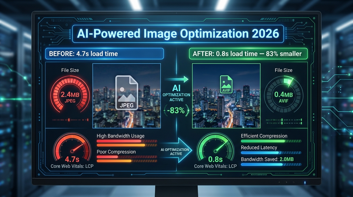 AI-powered image optimization dashboard comparing before and after load times with Core Web Vitals improvements