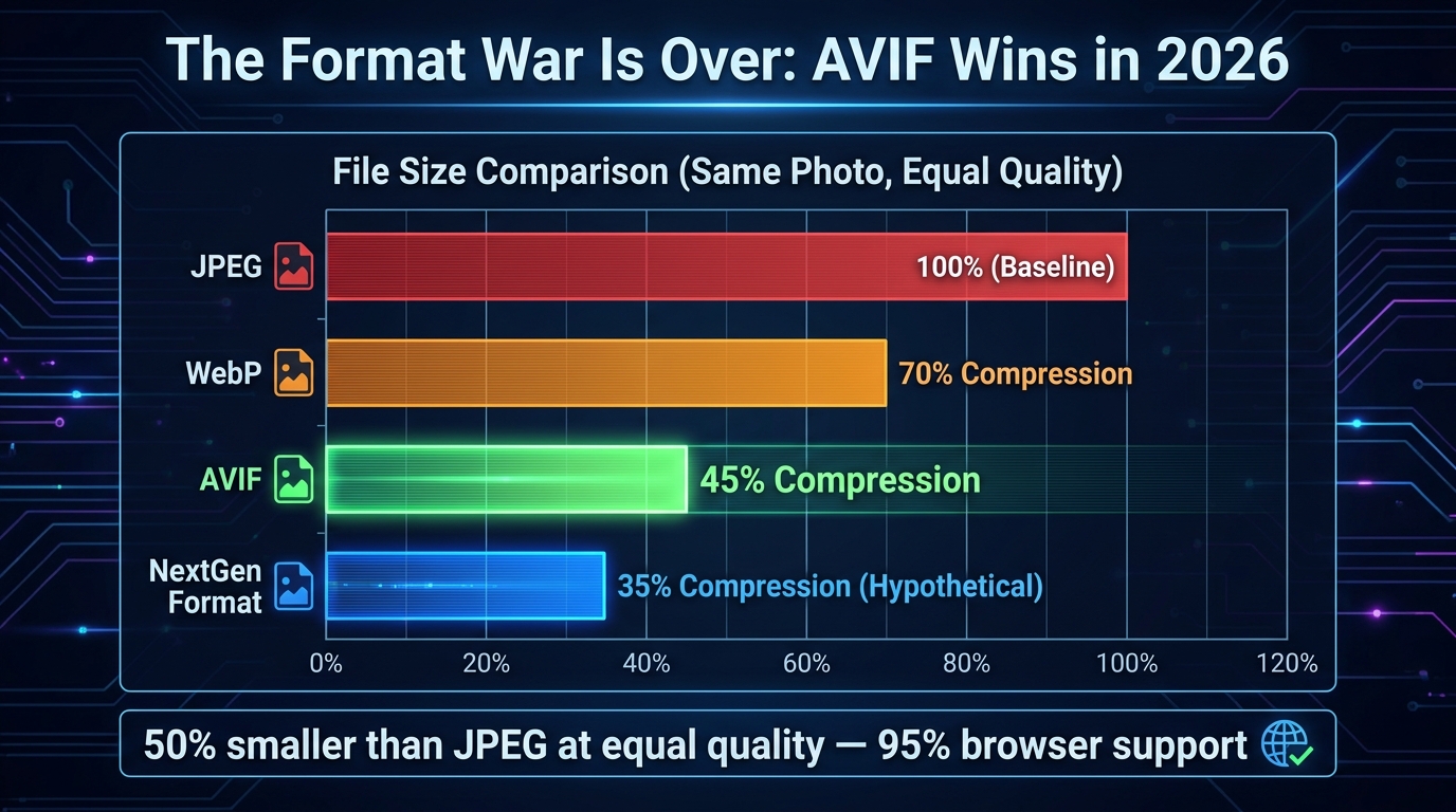 Bar chart comparing JPEG, WebP, AVIF file sizes showing AVIF wins the format compression war in 2026