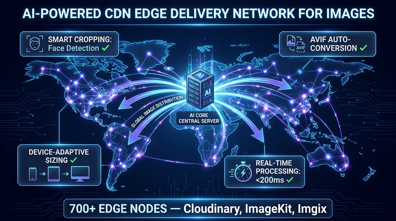 World map showing AI-powered CDN edge delivery network with 700+ nodes for image optimization