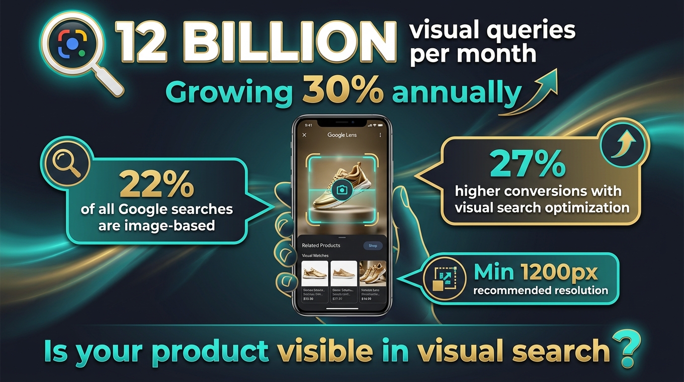 Google Lens visual search infographic showing 12 billion monthly queries and optimization requirements for product images