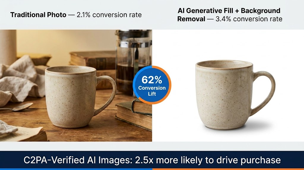 Split-screen comparison of traditional product photo vs AI-generated product image showing 3.4% vs 2.1% conversion rates