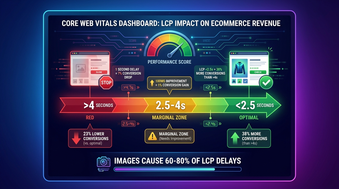 Core Web Vitals dashboard showing LCP impact zones and conversion rate correlations for ecommerce sites