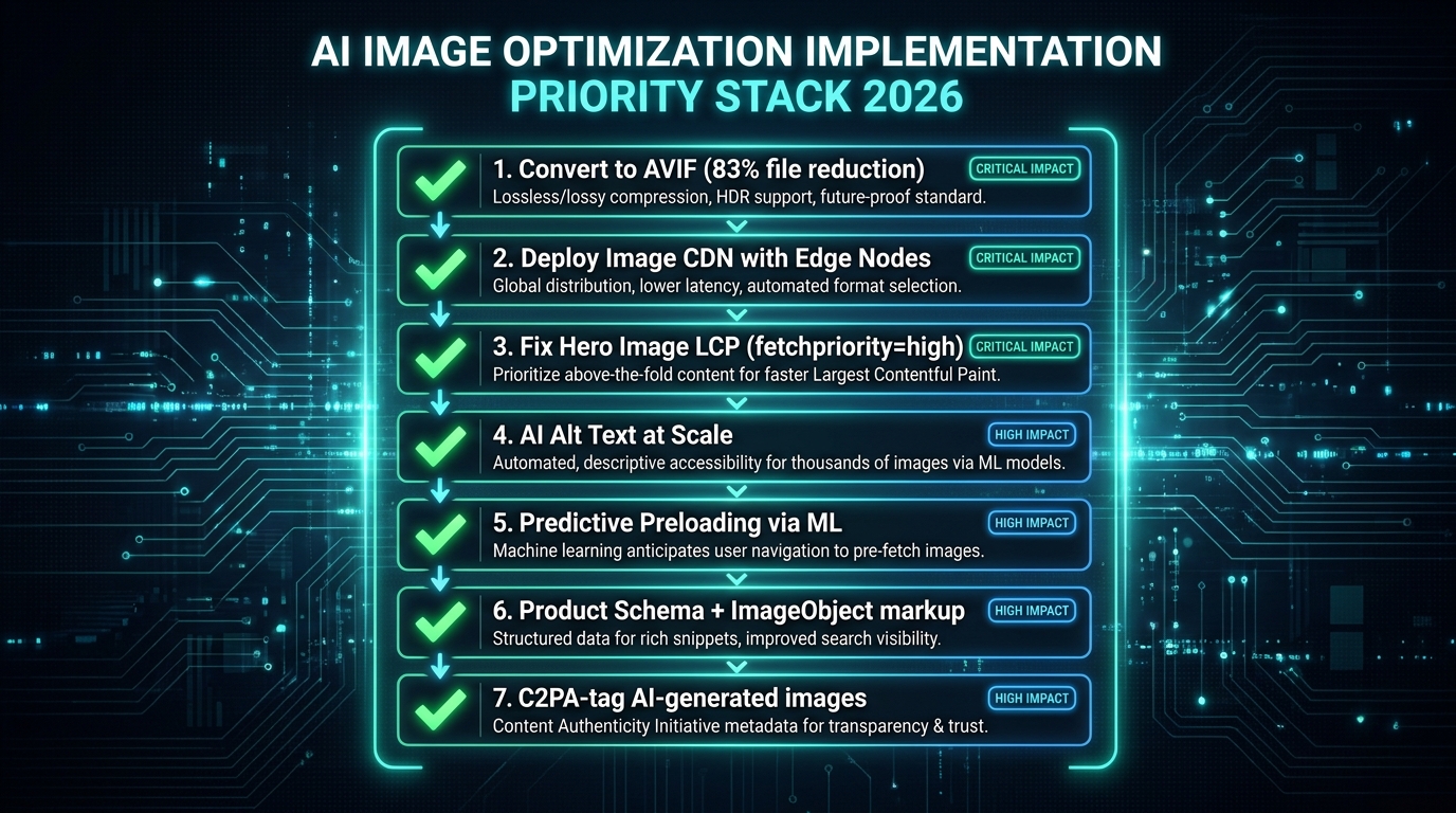 Implementation priority checklist for AI image optimization in 2026 with seven numbered steps