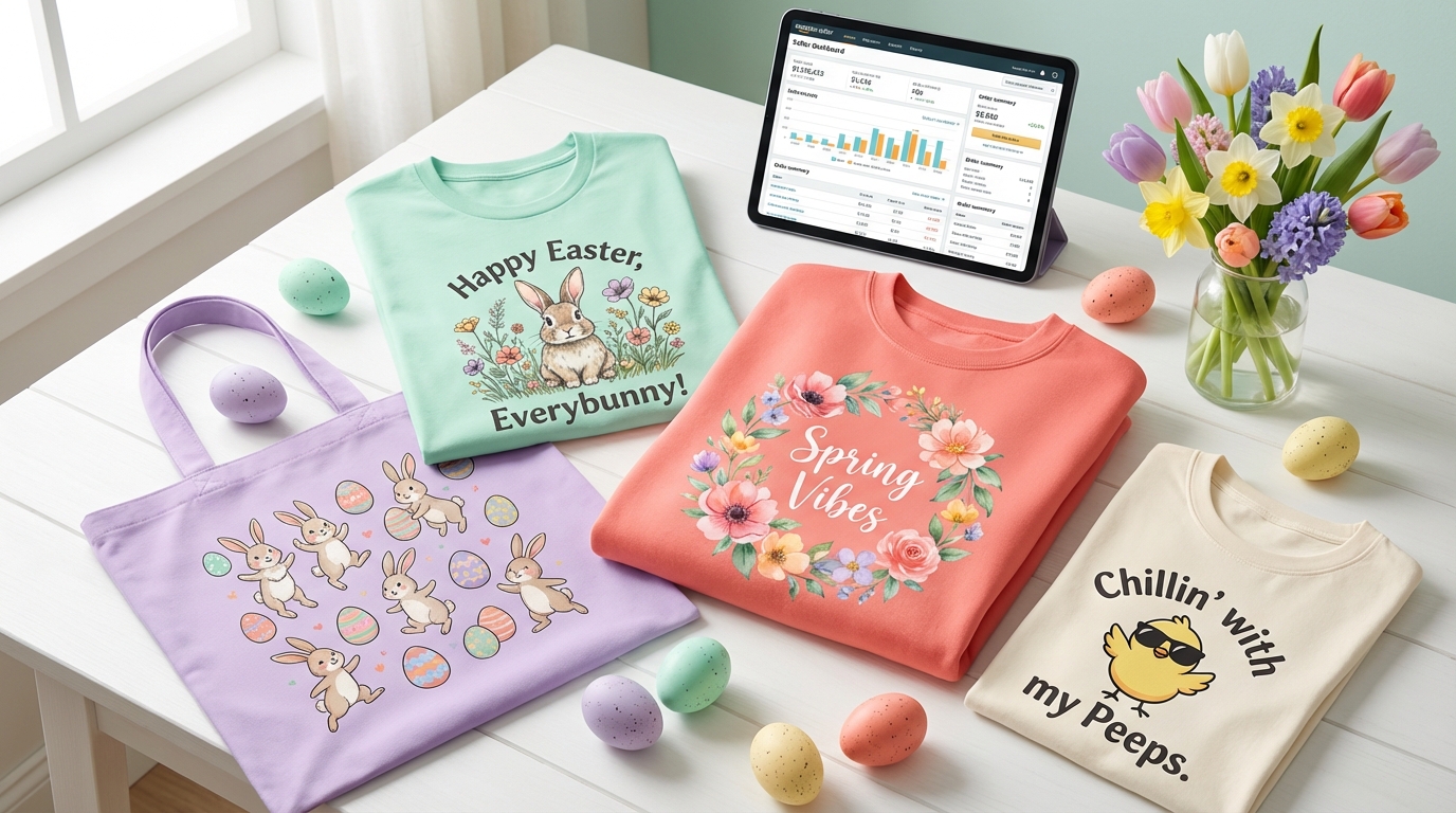 Easter print-on-demand apparel flatlay with t-shirts, sweatshirts, and tote bags alongside Amazon seller dashboard