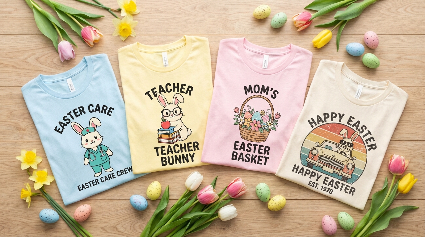 Easter cross-niche t-shirt designs including bunny nurse, teacher bunny, and retro Easter graphics