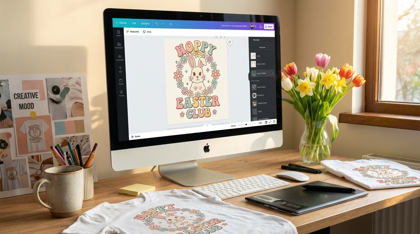 Designer creating Easter POD designs on computer with spring flowers and t-shirt mockups on desk