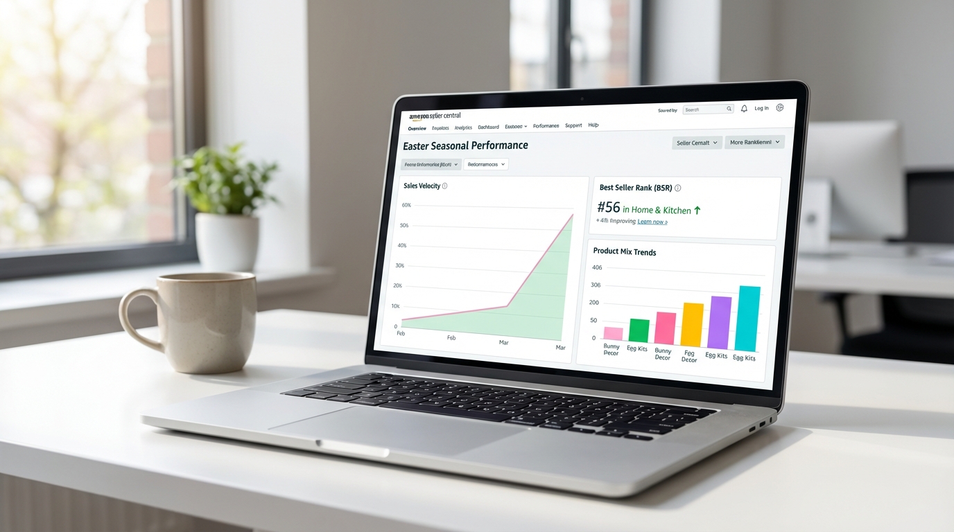 Amazon seller analytics dashboard showing BSR data and sales velocity for Easter seasonal products