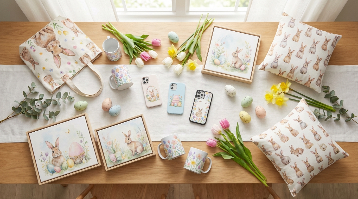 Easter print-on-demand product variety including tote bags, mugs, phone cases, wall art and throw pillows