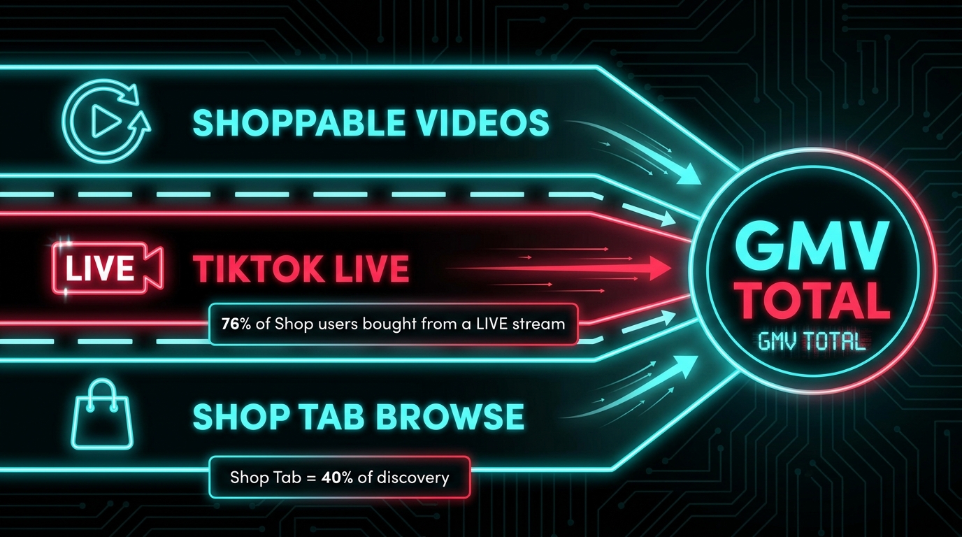Three-channel TikTok Shop model showing shoppable videos, TikTok LIVE, and Shop Tab as parallel revenue streams