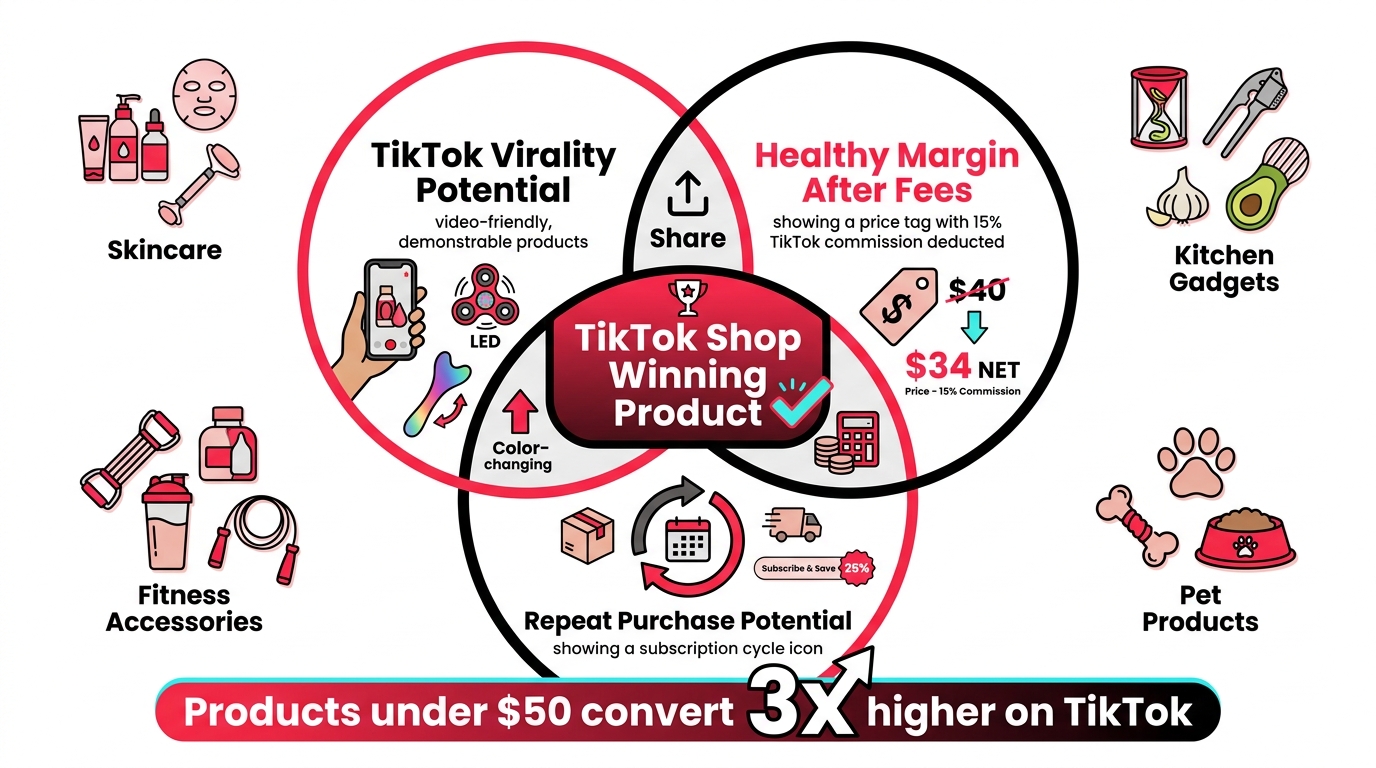 TikTok Shop product selection Venn diagram showing virality potential, margin health, and repeat purchase potential