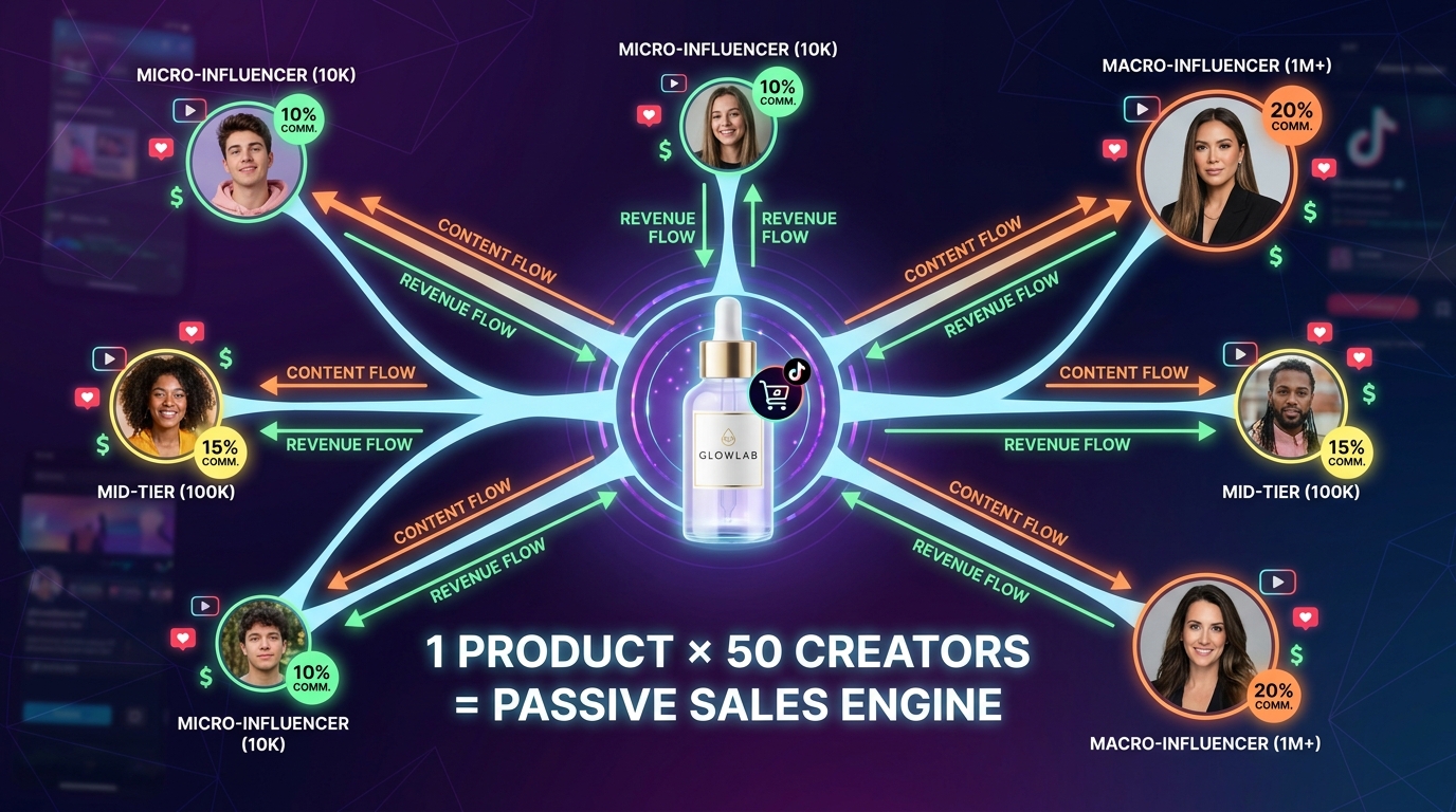 TikTok Shop affiliate creator network hub-and-spoke diagram showing brand product connected to multiple creator tiers