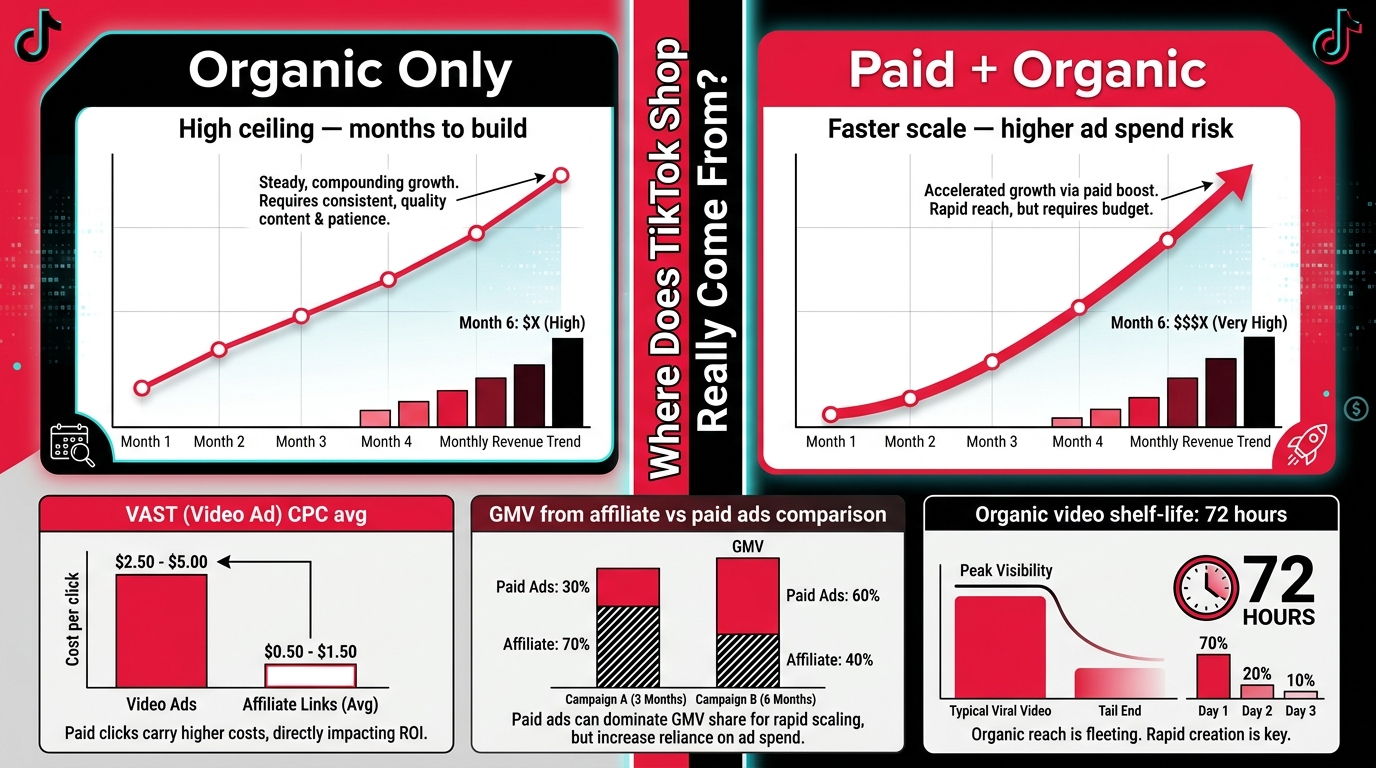 TikTok Shop paid ads versus organic comparison showing growth curves and ROI tradeoffs