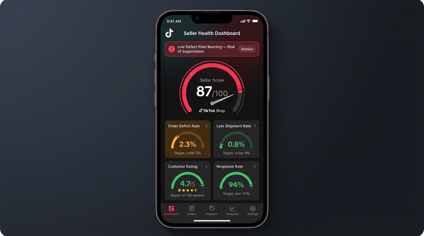 TikTok Shop seller health score dashboard showing order defect rate, late shipment rate, customer rating, and overall seller score