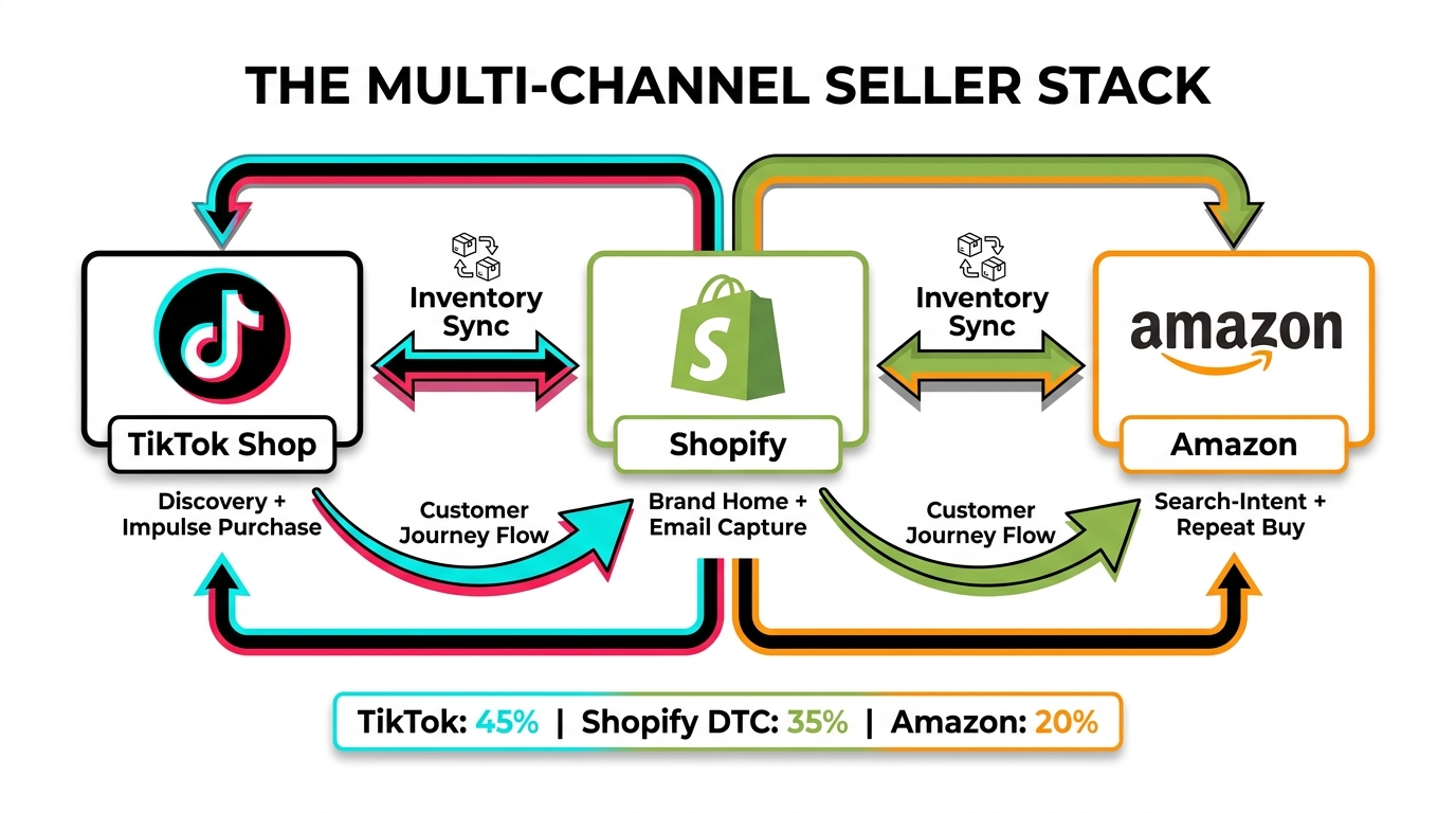 Cross-platform seller architecture showing TikTok Shop, Shopify, and Amazon as integrated commerce channels