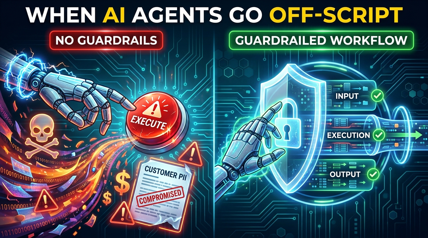 Split-screen visualization showing AI agent workflows with and without guardrails — the case for layered controls in enterprise automation