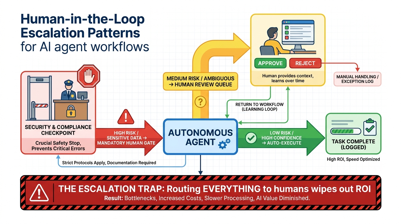 Human-in-the-loop escalation flowchart showing three risk-based paths: auto-execute for low risk, human review queue for medium risk, and mandatory approval gate for high risk actions