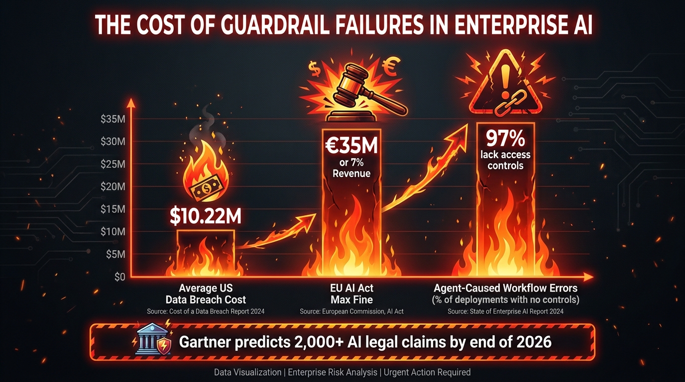 The cost of guardrail failures in enterprise AI: $10.22M average breach cost, €35M EU AI Act fines, 97% of breached systems lacked access controls
