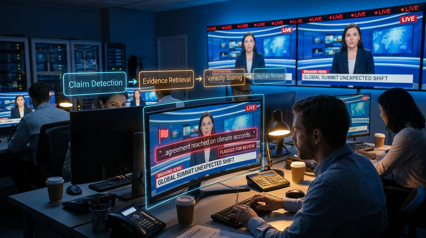 AI fact-checking pipeline displayed on newsroom monitors during a live broadcast, showing the stages of claim detection, evidence retrieval, veracity scoring, and human review