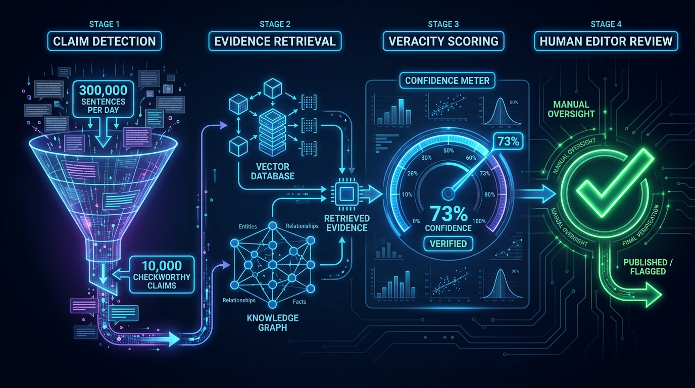 Infographic showing the four stages of an AI fact-checking pipeline: claim detection narrowing 300,000 daily sentences to 10,000 checkworthy claims, evidence retrieval, veracity scoring at 73% confidence, and human editor review