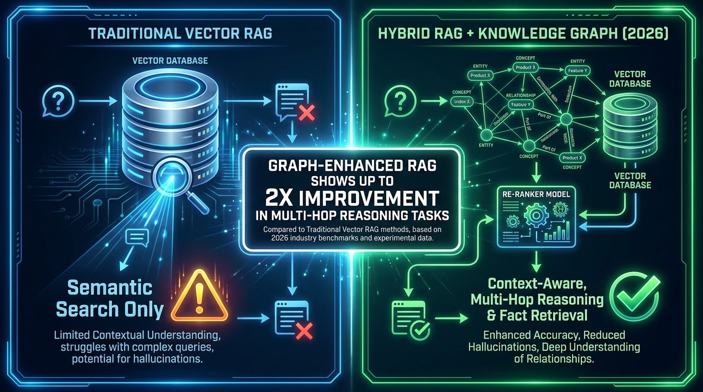 Comparison between traditional vector RAG with semantic search only versus hybrid RAG plus knowledge graph showing graph-enhanced retrieval with improved multi-hop reasoning capabilities