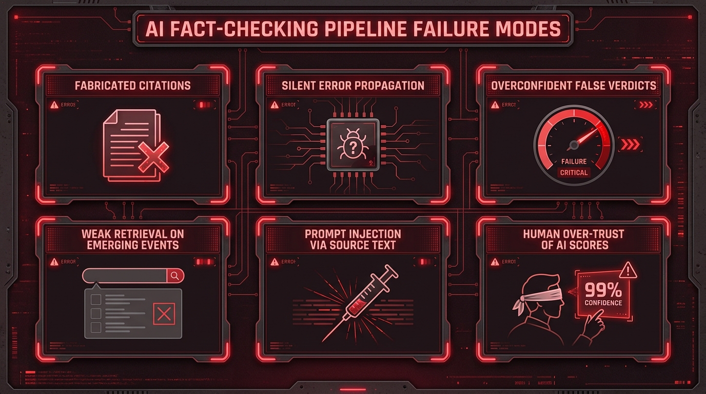 Warning dashboard showing six AI fact-checking pipeline failure modes: fabricated citations, silent error propagation, overconfident false verdicts, weak retrieval on emerging events, prompt injection via source text, and human over-trust of AI scores