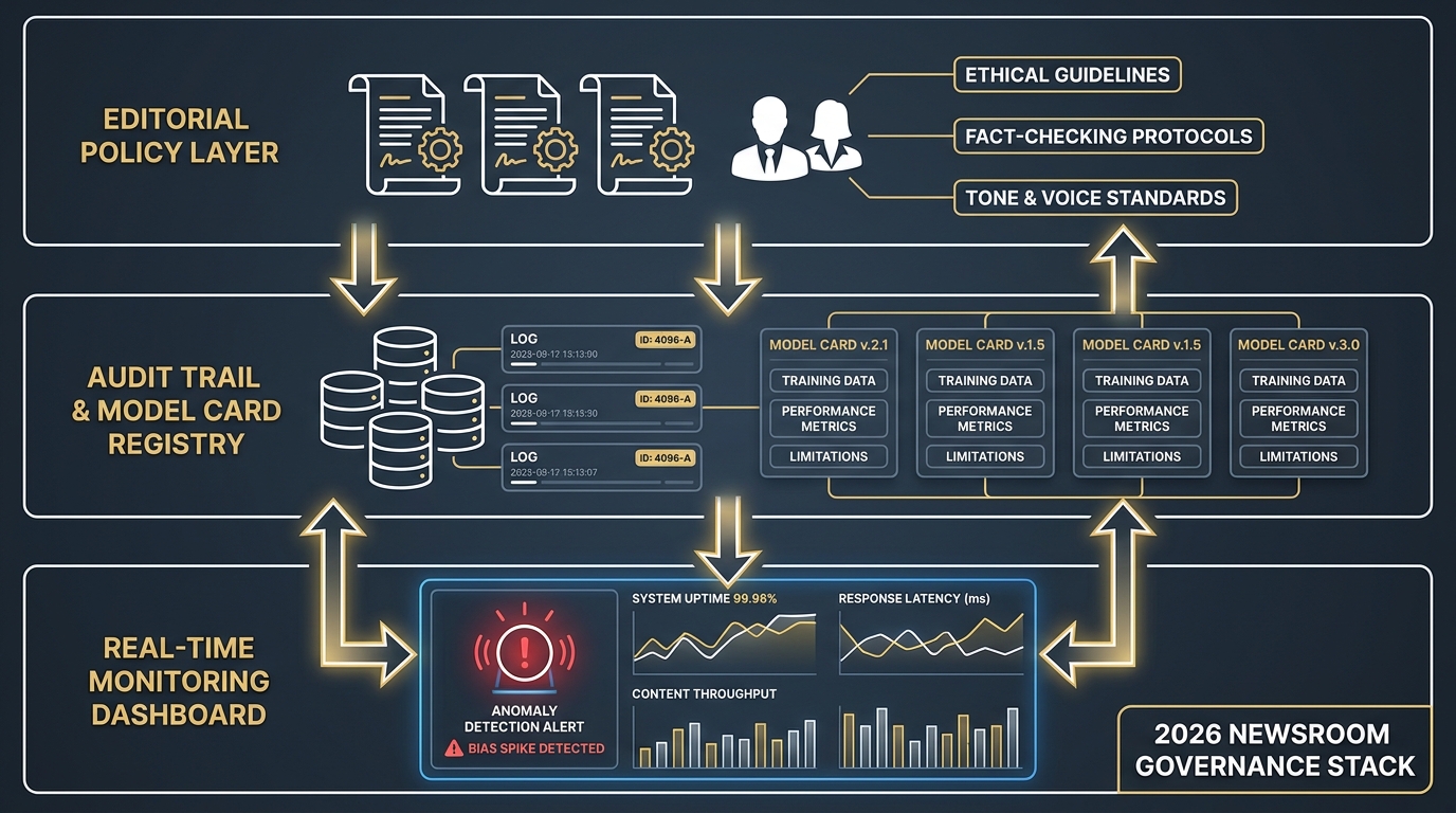 Governance architecture diagram for AI editorial pipelines showing editorial policy layer, audit trail and model card registry, and real-time monitoring dashboard — the 2026 Newsroom Governance Stack