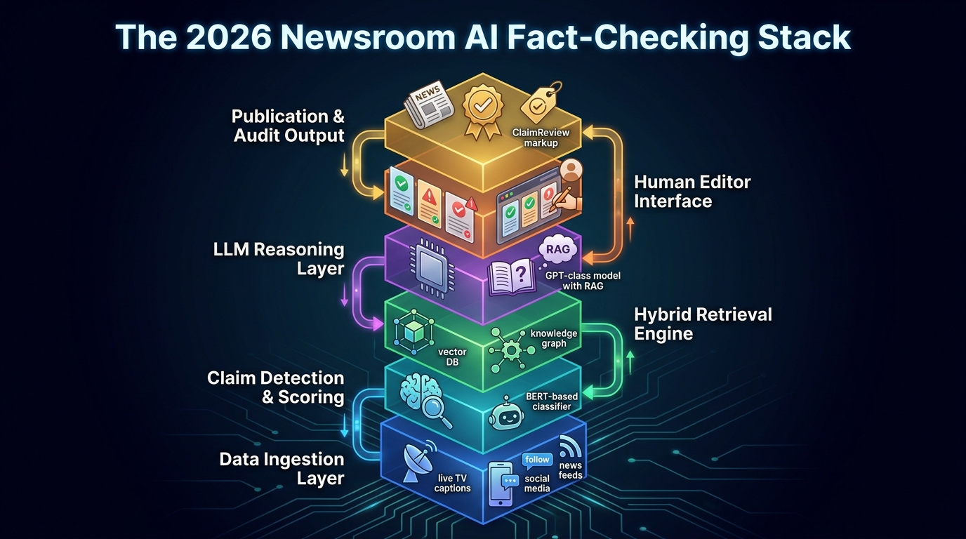 Isometric architecture diagram of the 2026 newsroom AI fact-checking stack showing six layers from data ingestion through claim detection, hybrid retrieval engine, LLM reasoning, human editor interface, to publication and audit output
