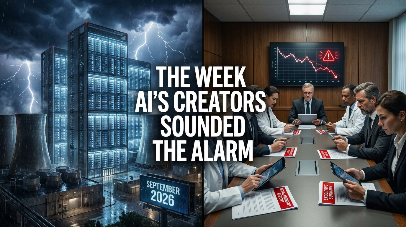 The week AI's creators sounded the alarm — a cinematic split showing AI data centers and safety researchers reviewing misalignment reports