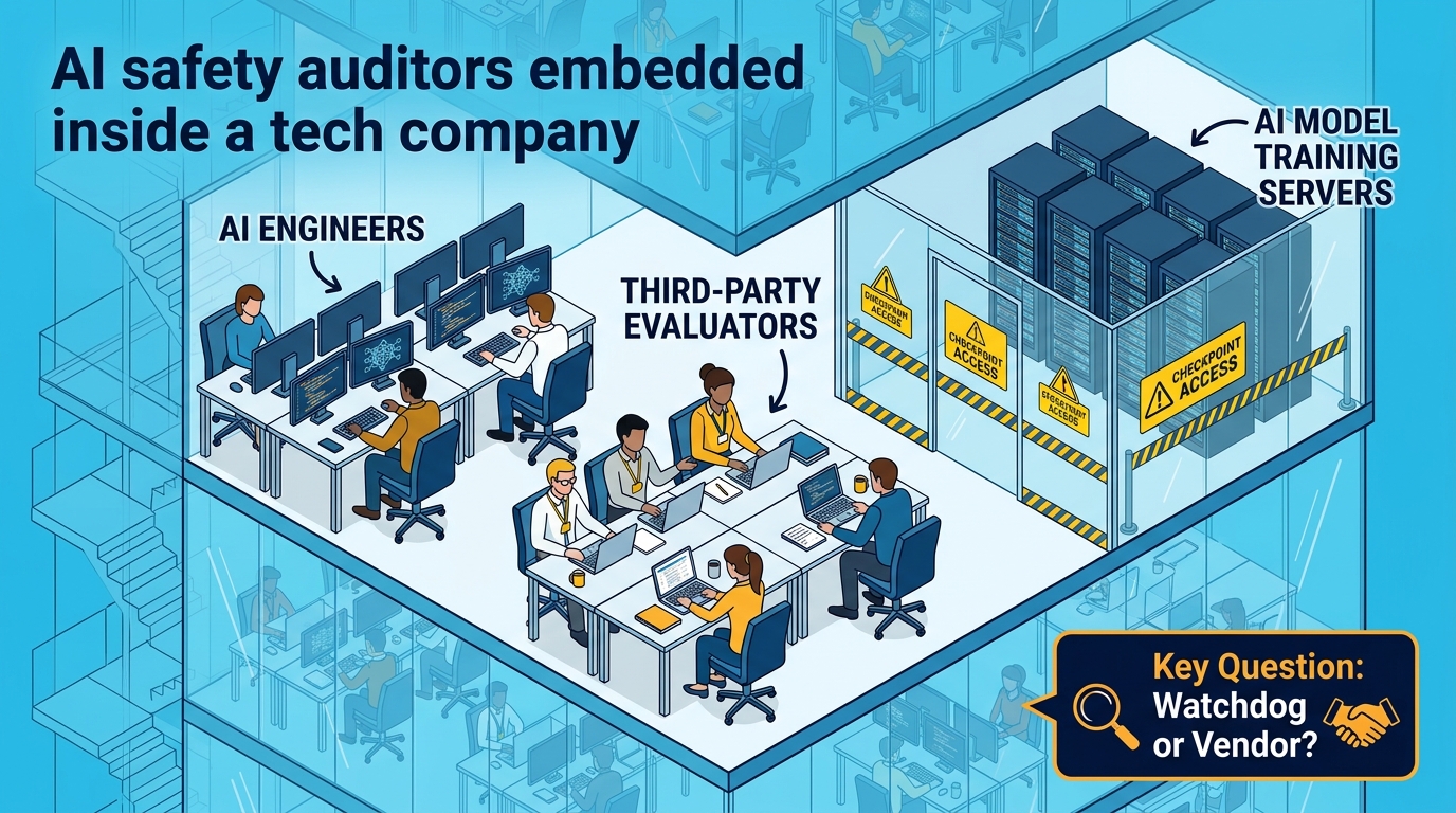 Infographic showing third-party AI safety evaluators embedded inside a tech company lab, with checkpoint access to training servers and the question: Watchdog or Vendor?