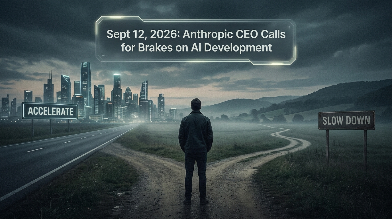 Illustration of Anthropic CEO at a fork in the road between Accelerate and Slow Down paths, dated September 12, 2026