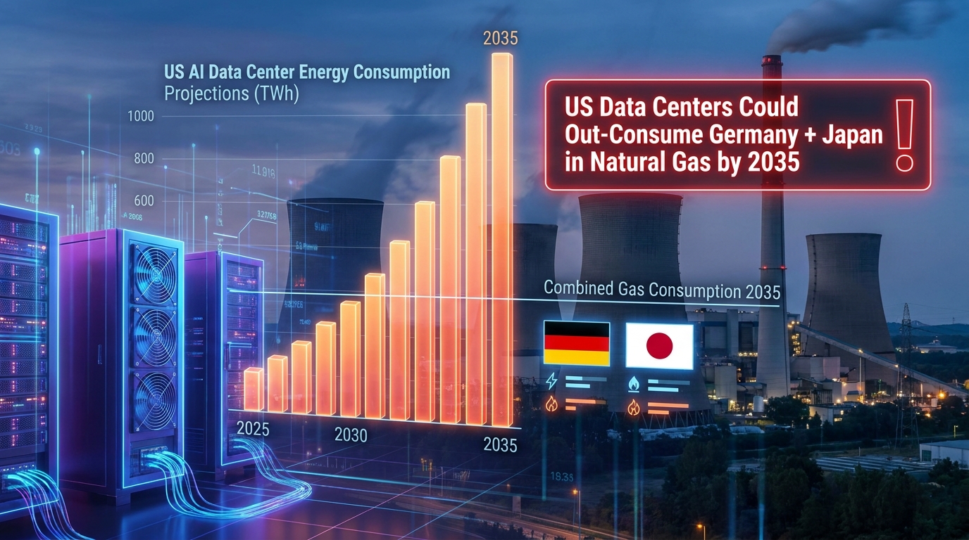 Data visualization showing US AI data center energy projections rising sharply — US data centers could out-consume Germany and Japan combined in natural gas by 2035